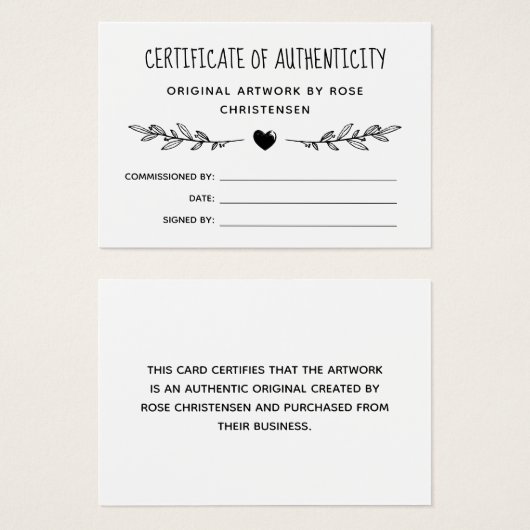 Charming Greenery Certificate of Authenticity Visitekaartje (Voorkant /achterkant)