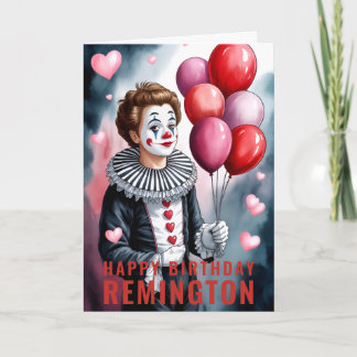 Charming Heart-Themed Pierrot Clown Birthday Kaart