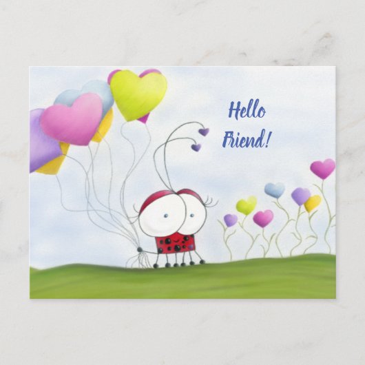 Charming Ladybug met kleurrijke hartballonnen Briefkaart (Voorkant)