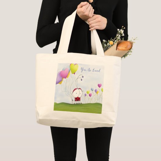 Charming Ladybug met kleurrijke hartballonnen Grote Tote Bag (Voorkant (product))