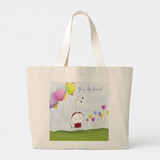 Charming Ladybug met kleurrijke hartballonnen Grote Tote Bag (Achterkant)