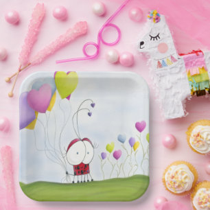 Charming Ladybug met kleurrijke hartballonnen Papieren Bordje