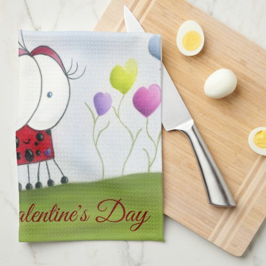 Charming Ladybug met kleurrijke hartballonnen Theedoek (Quarter Fold)