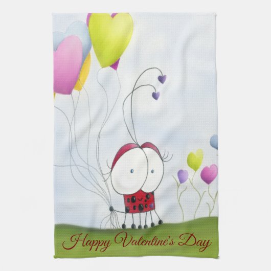 Charming Ladybug met kleurrijke hartballonnen Theedoek (Verticaal)