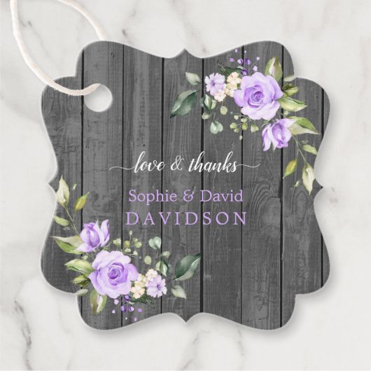 Charming Lavender Flowers Grey Wood Weddenschap Bedankjes Labels (Voorkant)