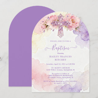 Charming Lavender Glitter Floral Cross Baptism Kaart