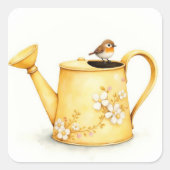 Charming little robin perched on a watering can vierkante sticker (Voorkant)
