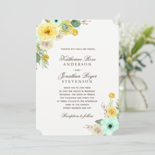 Charming Mint and Yellow Wedding Invitations Kaart (Staand voorkant)