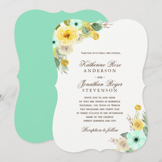 Charming Mint and Yellow Wedding Invitations Kaart (Voorkant / Achterkant)