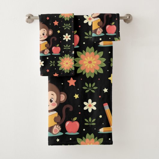 Charming monkey reading floral pattern  bad handdoek (Insitu)