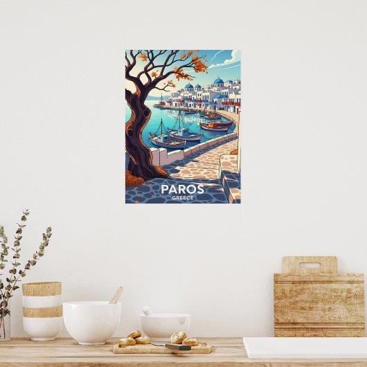 Charming Paros Greece harbor scene Poster (Keuken)