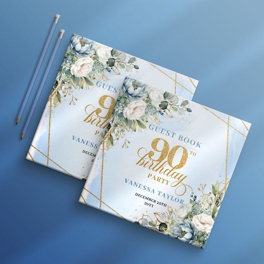 Charming Pastel Blue Gold 90th Birthday Sign In Gastenboek
