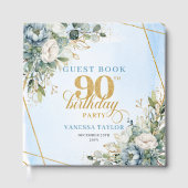 Charming Pastel Blue Gold 90th Birthday Sign In Gastenboek (Voorkant)