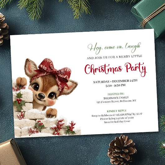 Charming peeking reindeer fun holiday party invite kaart