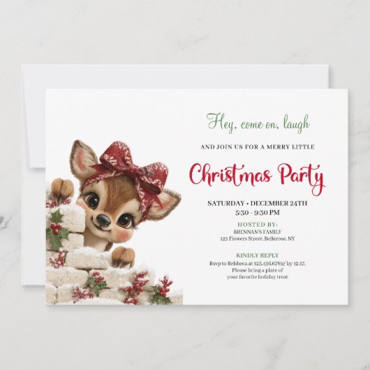 Charming peeking reindeer fun holiday party invite kaart (Voorkant)