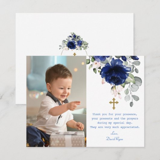 Charming Photo Boy Gold Cross Baptisme Bedankkaart (Voorkant / Achterkant)