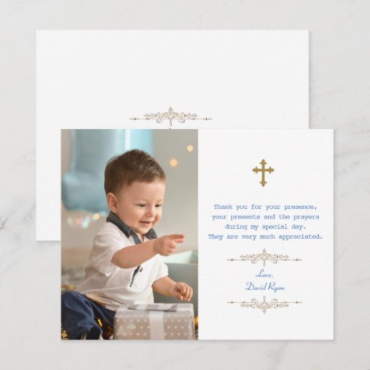 Charming Photo Boy Gold Cross Baptisme Bedankkaart (Voorkant / Achterkant)