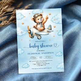 Charming pilot teddy bear blue boy shower invites kaart
