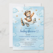 Charming pilot teddy bear blue boy shower invites kaart (Voorkant)