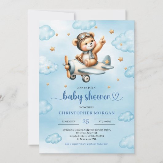 Charming pilot teddy bear blue boy shower invites kaart (Voorkant)