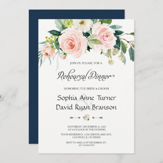 Charming Pink Blush Flowers Rehearsal Dinner Kaart (Voorkant / Achterkant)