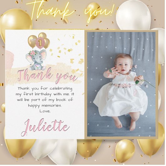 Charming Pink Elephant Foto First Birthday Girl Bedankkaart