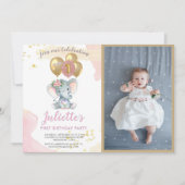 Charming Pink Elephant Foto First Birthday Girl Kaart (Voorkant)