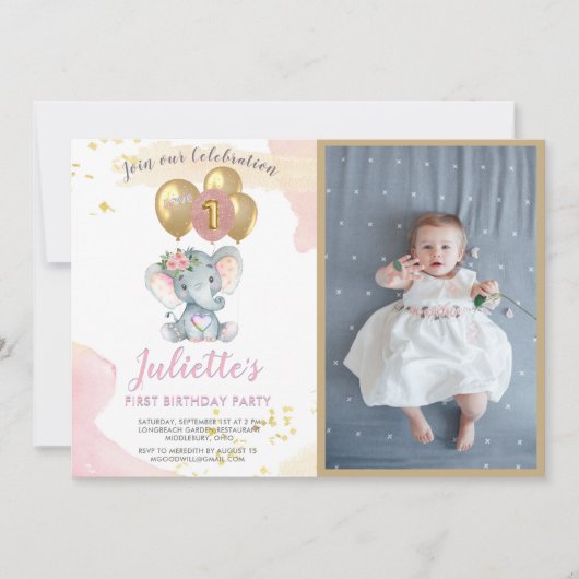 Charming Pink Elephant Foto First Birthday Girl Kaart (Voorkant)