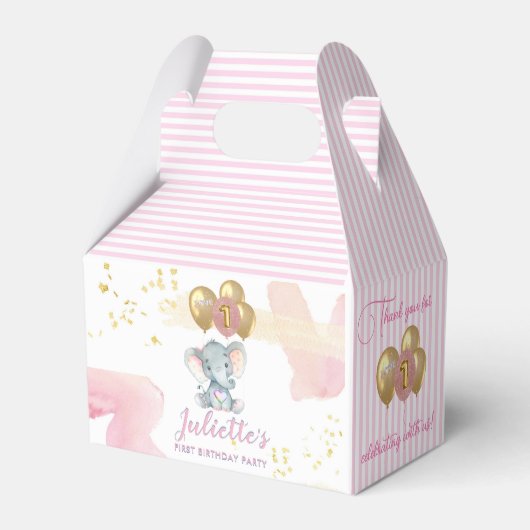 Charming Pink Floral Elephant First Birthday Girl Bedankdoosjes (Voorkant Zijde)