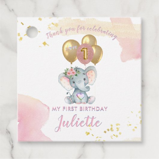 Charming Pink Floral Elephant First Birthday Girl Bedankjes Labels (Voorkant)