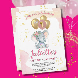 Charming Pink Floral Elephant First Birthday Girl Kaart