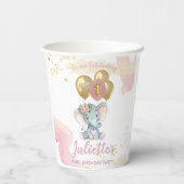 Charming Pink Floral Elephant First Birthday Girl Papieren Bekers (Achterkant)