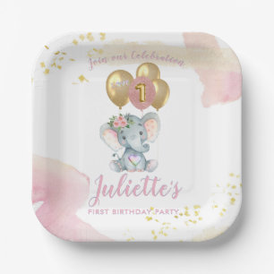 Charming Pink Floral Elephant First Birthday Girl Papieren Bordje