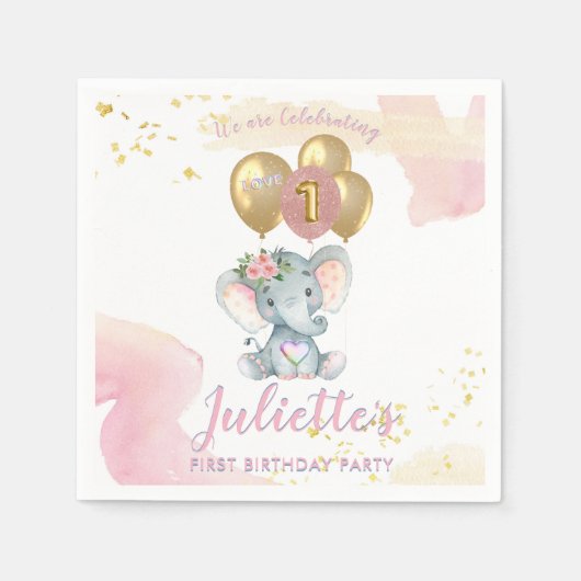 Charming Pink Floral Elephant First Birthday Girl Servet (Voorkant)