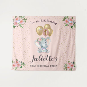 Charming Pink Floral Elephant First Birthday Girl Wandkleed