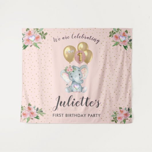 Charming Pink Floral Elephant First Birthday Girl Wandkleed (Voorkant (horizontaal))