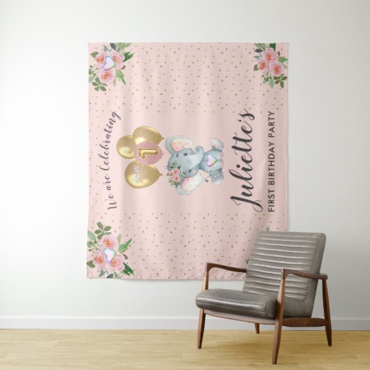 Charming Pink Floral Elephant First Birthday Girl Wandkleed (In situ)