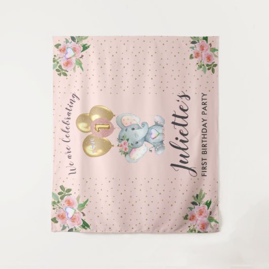 Charming Pink Floral Elephant First Birthday Girl Wandkleed (Voorkant)