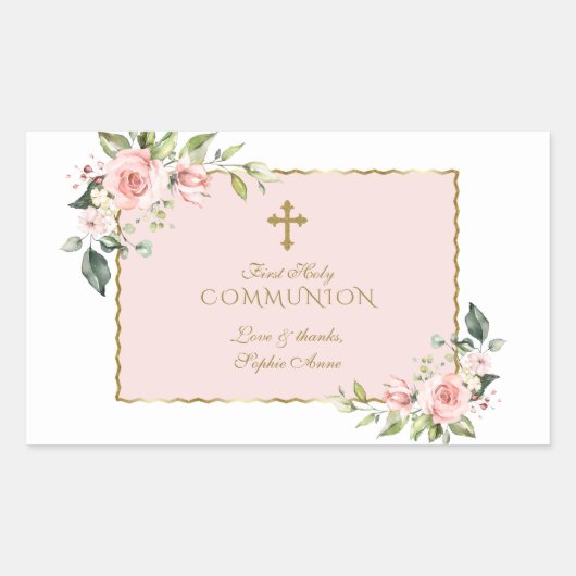Charming Pink Floral Gold First Heilige Communie Rechthoekige Sticker (Voorkant)