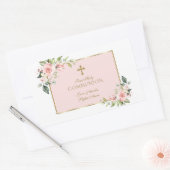 Charming Pink Floral Gold First Heilige Communie Rechthoekige Sticker (Envelop)