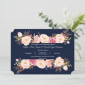 Charming Pink Floral Lijst Navy Blue Wedding Kaart (Staand voorkant)