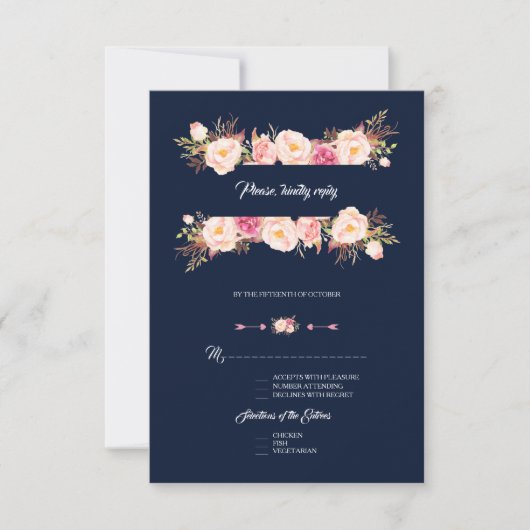 Charming Pink Floral Lijst Navy Blue Wedding RSVP Kaartje (Voorkant)