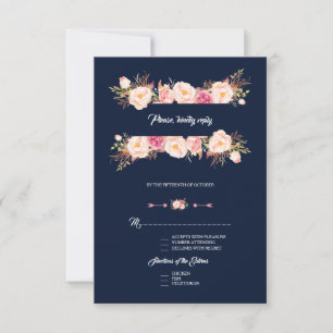Charming Pink Floral Lijst Navy Blue Wedding RSVP Kaartje
