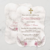 Charming Pink Floral Marble Girl Christening Kaart (Voorkant / Achterkant)