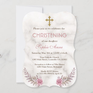 Charming Pink Floral Marble Girl Christening Kaart