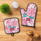 Charming Pink Flower Kitchen Custom Name Ovenwant & Pannenlap Set (Top down)