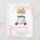 Charming Pink Golf Cart First Birthday Girl Kaart (Voorkant)