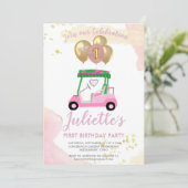 Charming Pink Golf Cart First Birthday Girl Kaart (Staand voorkant)