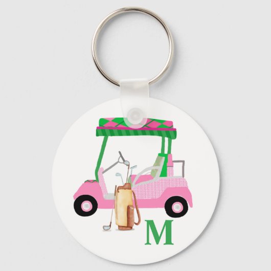 Charming Pink Golf Cart met Clubs en Monogram Sleutelhanger (Voorkant)