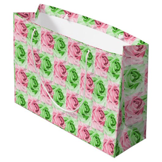 Charming Pink & Green Rose Wide Gift Bag Groot Cadeauzakje (Achterkant Gekanteld)
